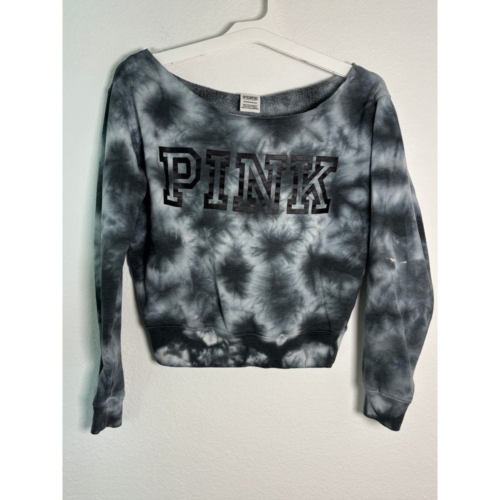 Victoria's Secret PINK Tie Dye Off Shoulder Cropped Sweatshirt Black Grey XS